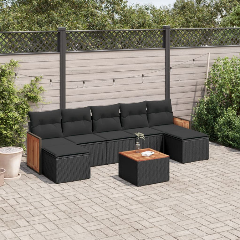 8-delige Loungeset met kussens poly rattan zwart