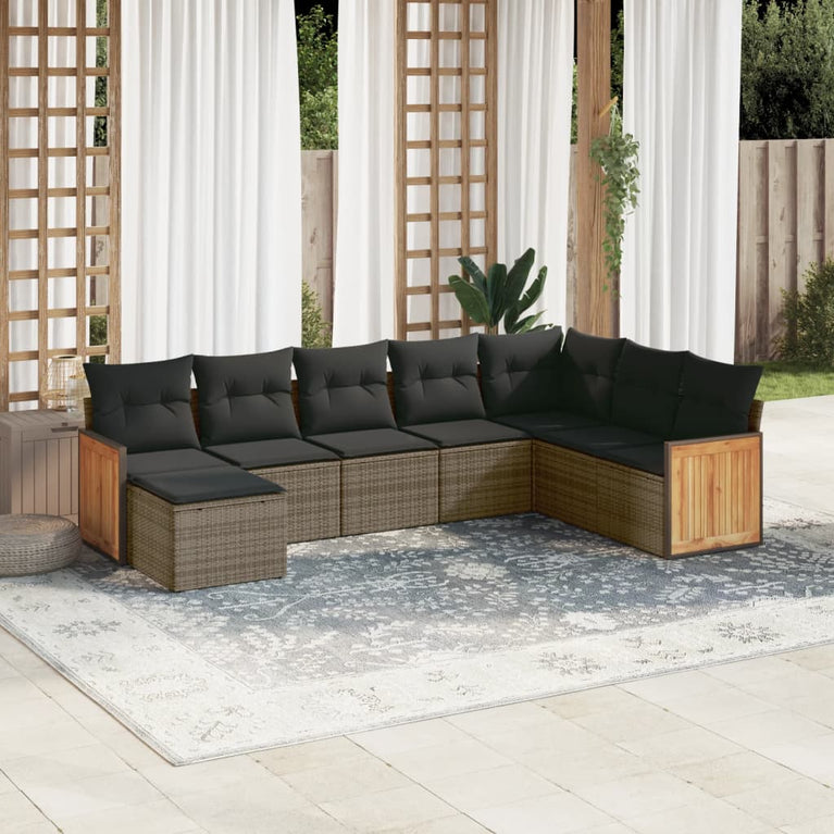 8-delige Loungeset met kussens poly rattan grijs