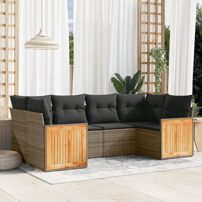 6-delige Loungeset met kussens poly rattan grijs