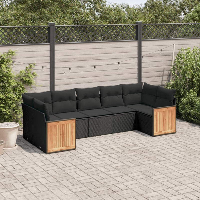 7-delige Loungeset met kussens poly rattan zwart