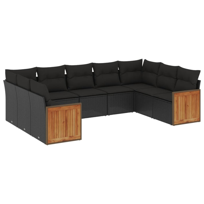 9-delige Loungeset met kussens poly rattan zwart