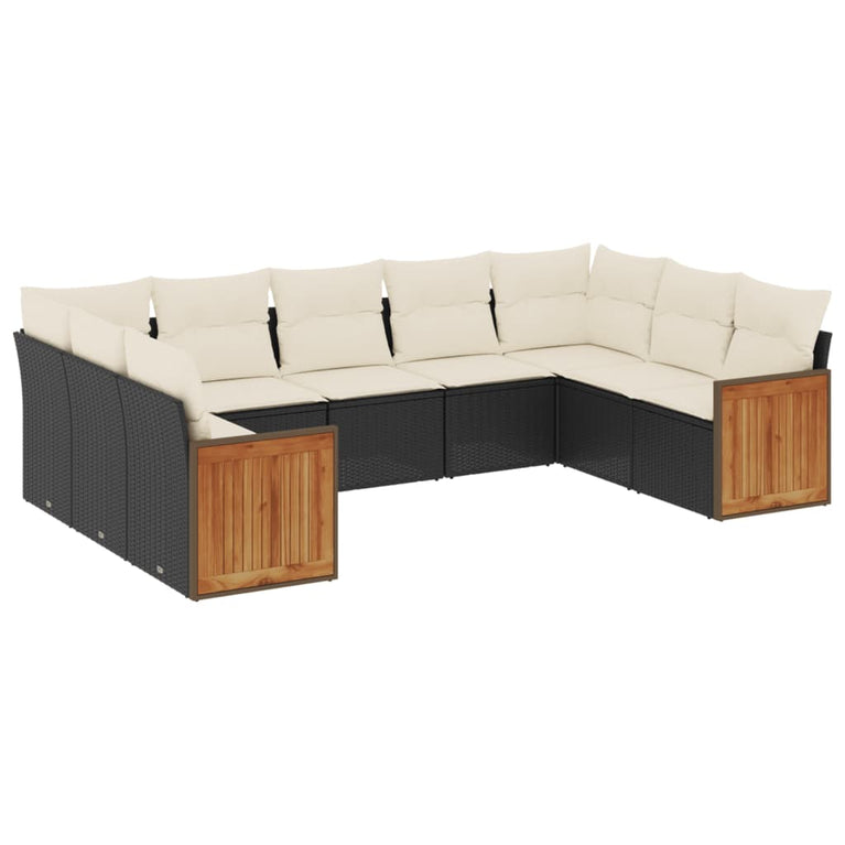 9-delige Loungeset met kussens poly rattan zwart