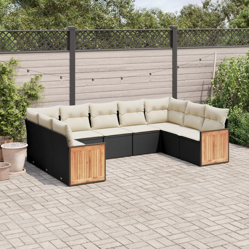 9-delige Loungeset met kussens poly rattan zwart