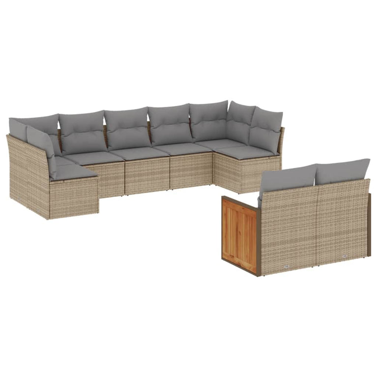 9-delige Loungeset met kussens poly rattan beige