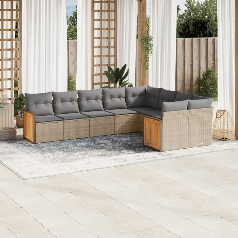 9-delige Loungeset met kussens poly rattan beige