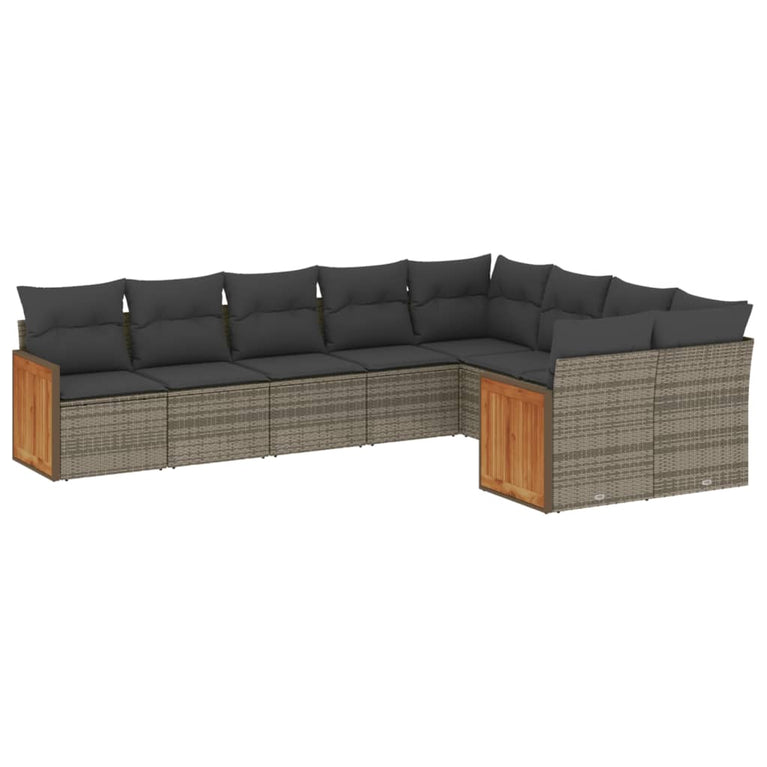 9-delige Loungeset met kussens poly rattan grijs