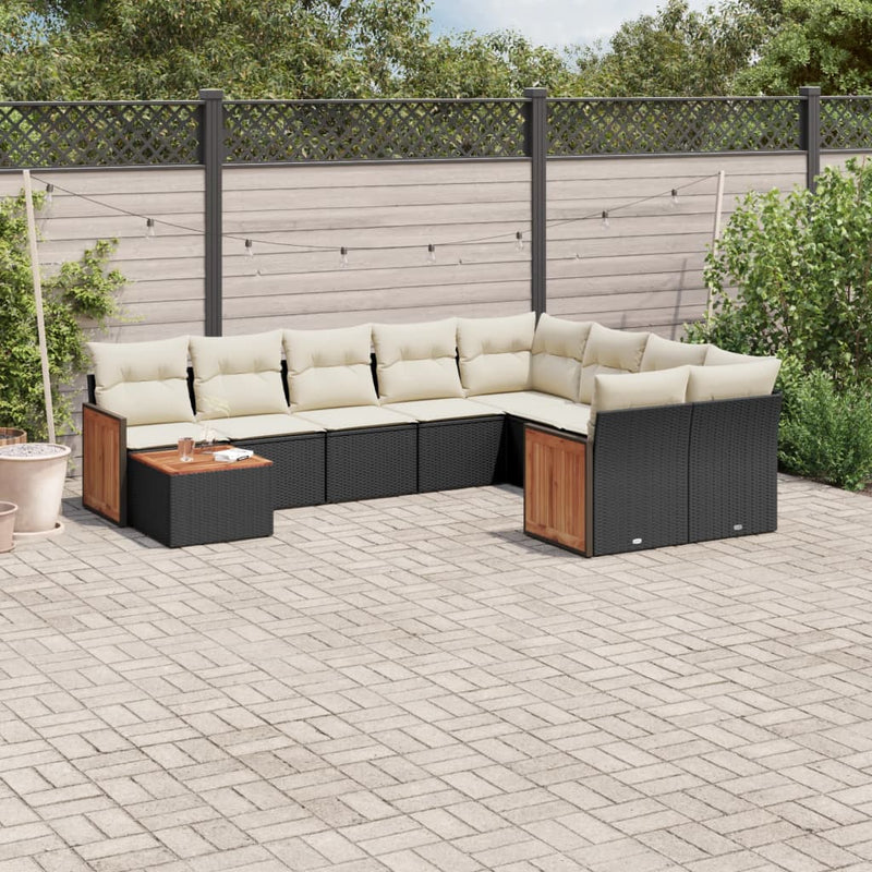 10-delige Loungeset met kussens poly rattan zwart