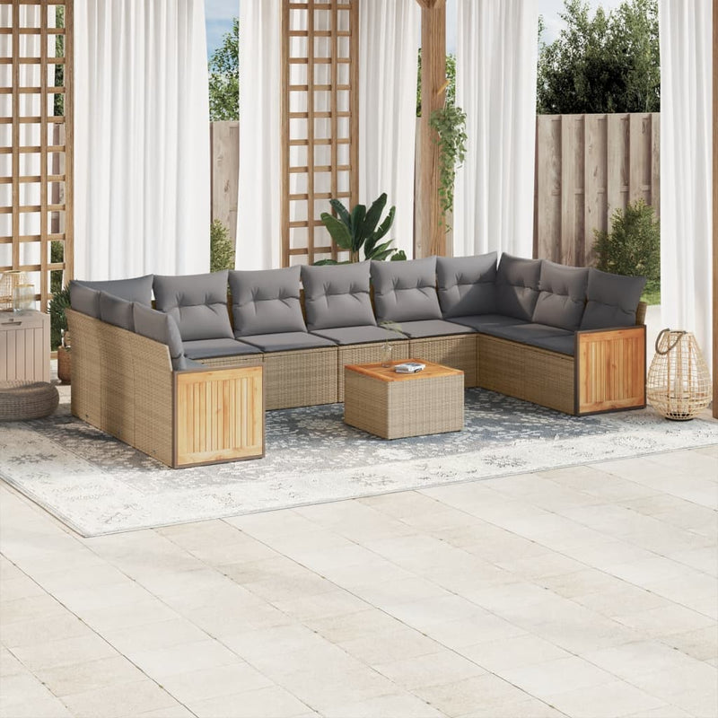 11-delige Tuinset met kussens poly rattan beige