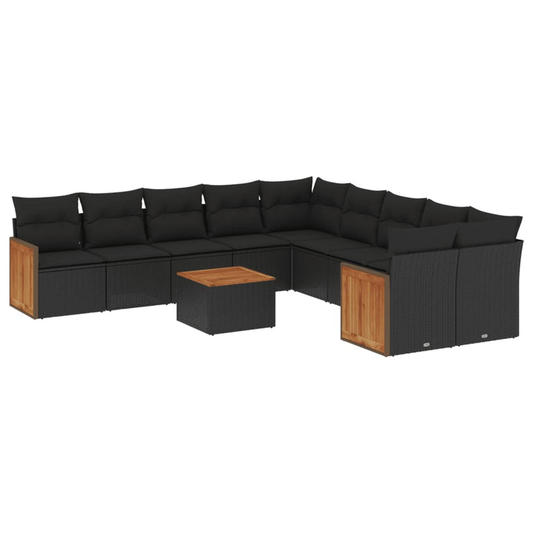 11-delige Loungeset met kussens poly rattan zwart