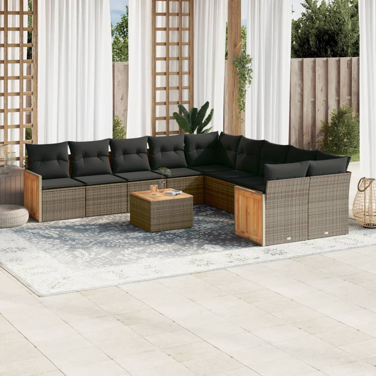 11-delige Loungeset met kussens poly rattan grijs