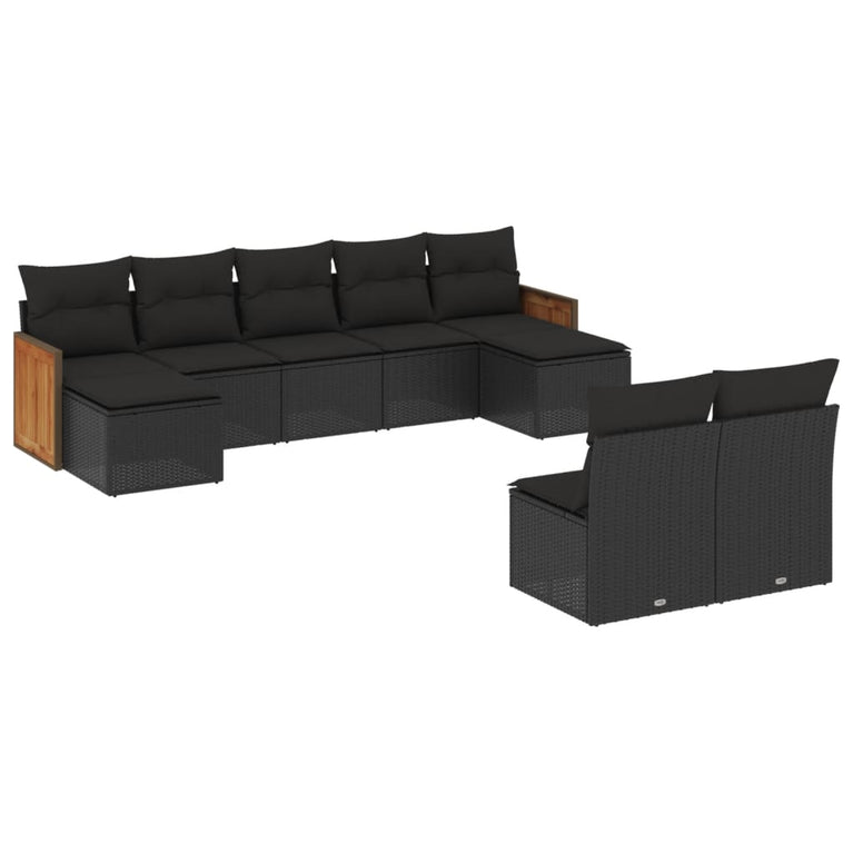9-delige Loungeset met kussens poly rattan zwart