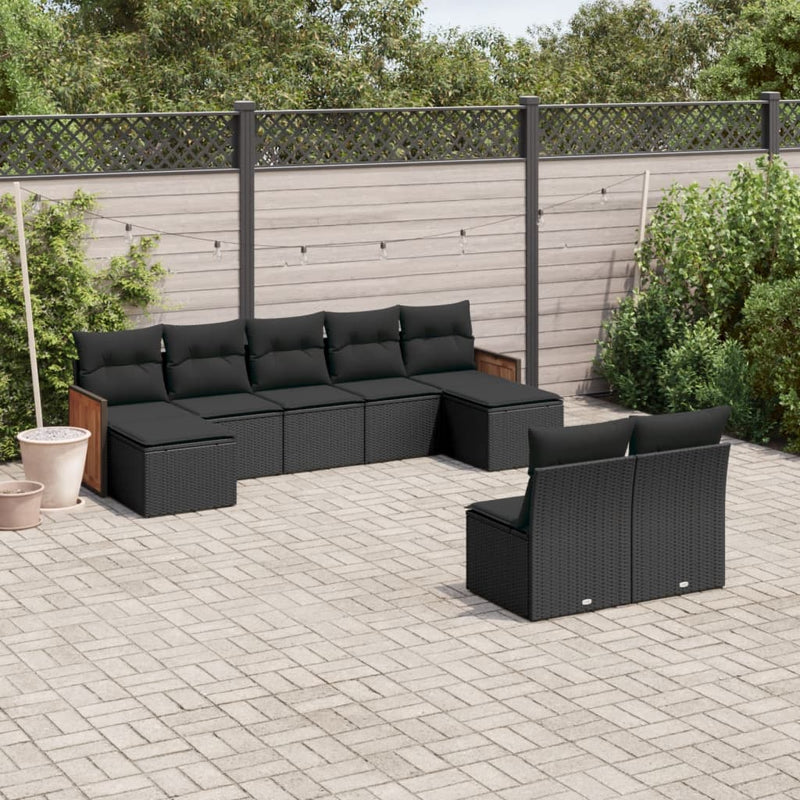 9-delige Loungeset met kussens poly rattan zwart