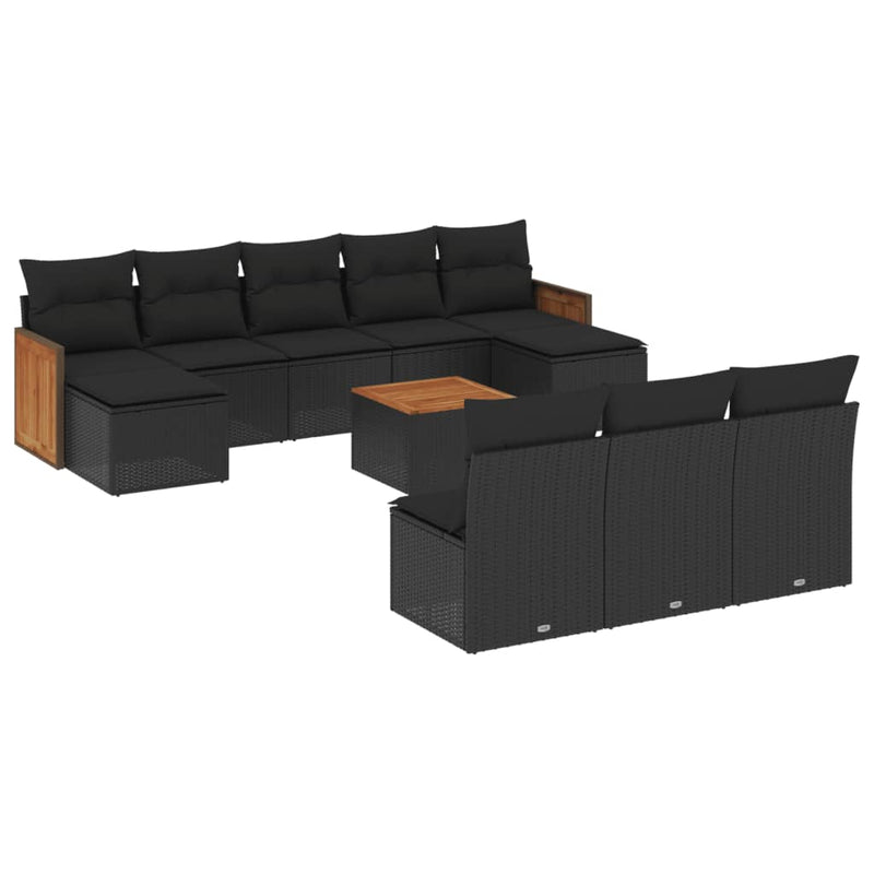 11-delige Loungeset met kussens poly rattan zwart