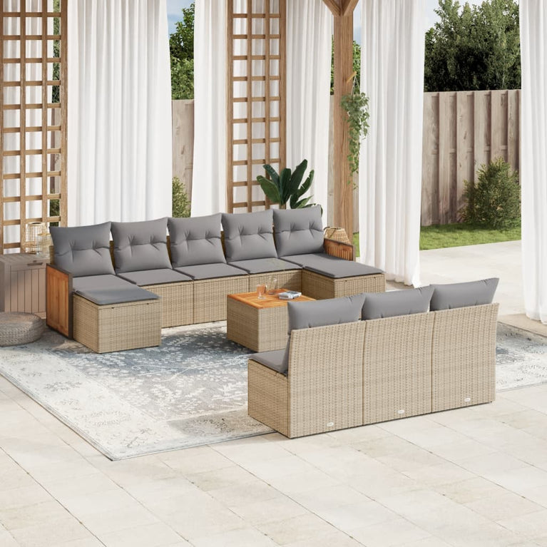 11-delige Tuinset met kussens poly rattan beige