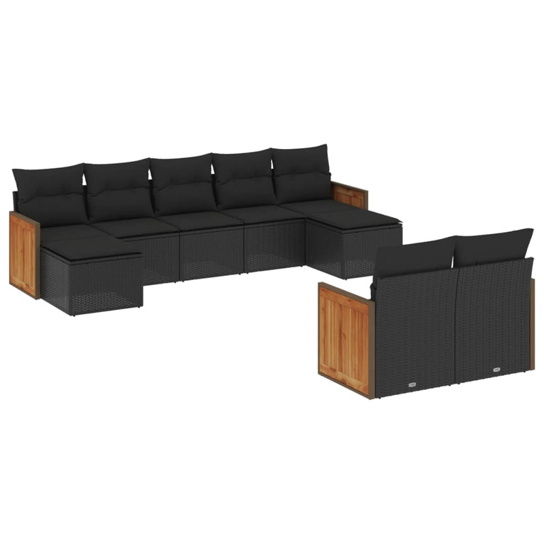9-delige Loungeset met kussens poly rattan zwart