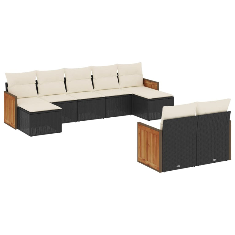 9-delige Loungeset met kussens poly rattan zwart