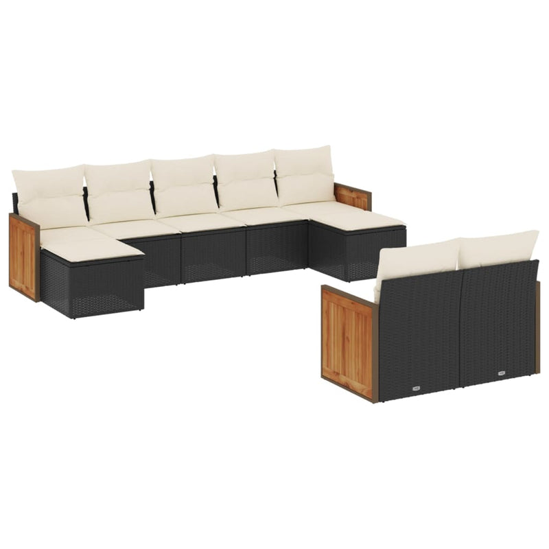 9-delige Loungeset met kussens poly rattan zwart