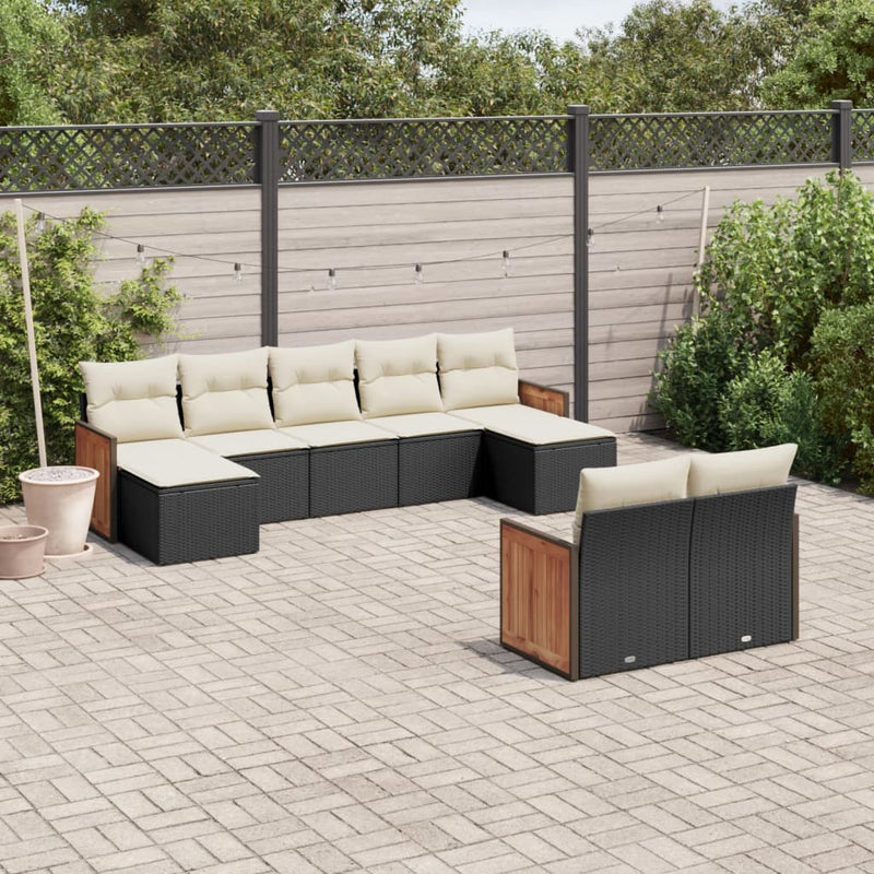9-delige Loungeset met kussens poly rattan zwart
