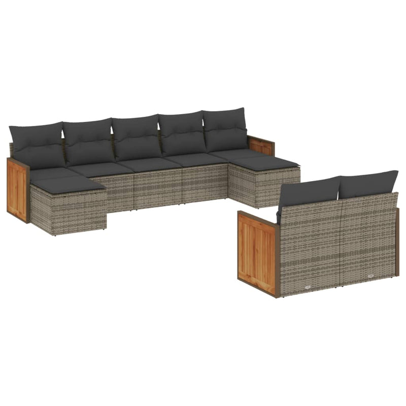 9-delige Loungeset met kussens poly rattan grijs