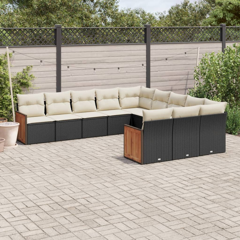 11-delige Loungeset met kussens poly rattan zwart