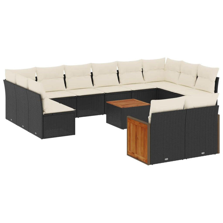 13-delige Loungeset met kussens poly rattan zwart