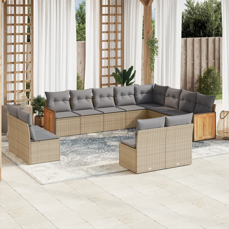 12-delige Loungeset met kussens poly rattan beige