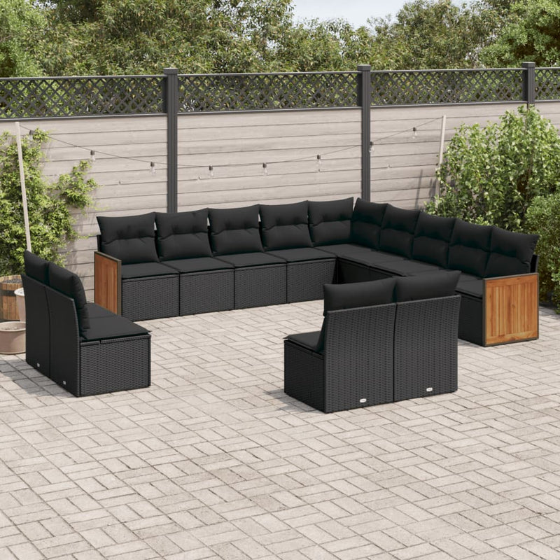 13-delige Loungeset met kussens poly rattan zwart