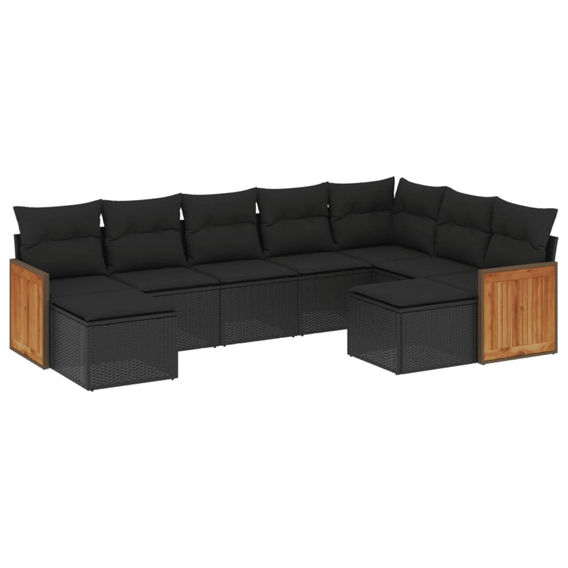 9-delige Loungeset met kussens poly rattan zwart