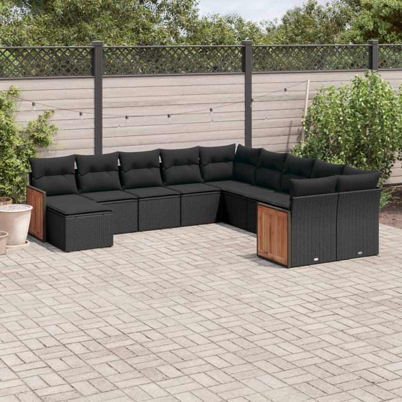 11-delige Loungeset met kussens poly rattan zwart