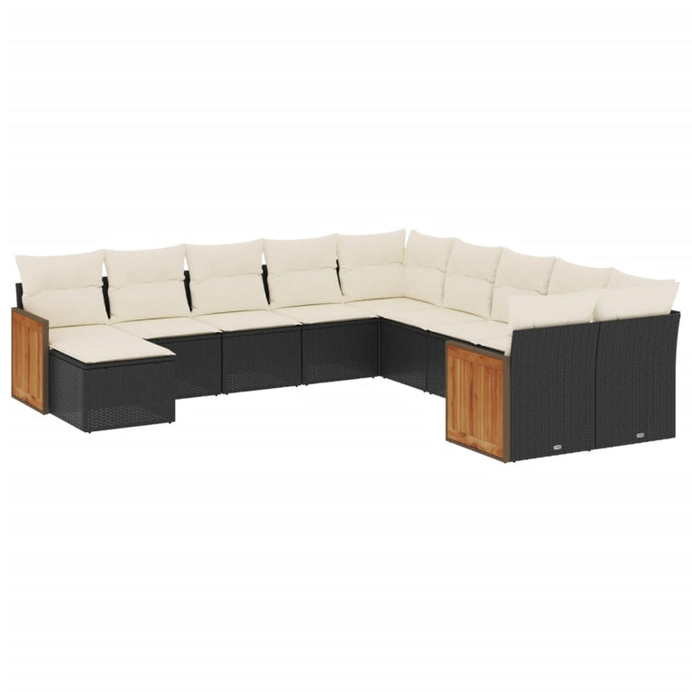 11-delige Loungeset met kussens poly rattan zwart