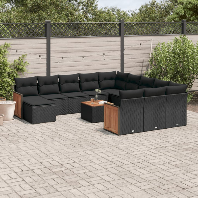 13-delige Loungeset met kussens poly rattan zwart