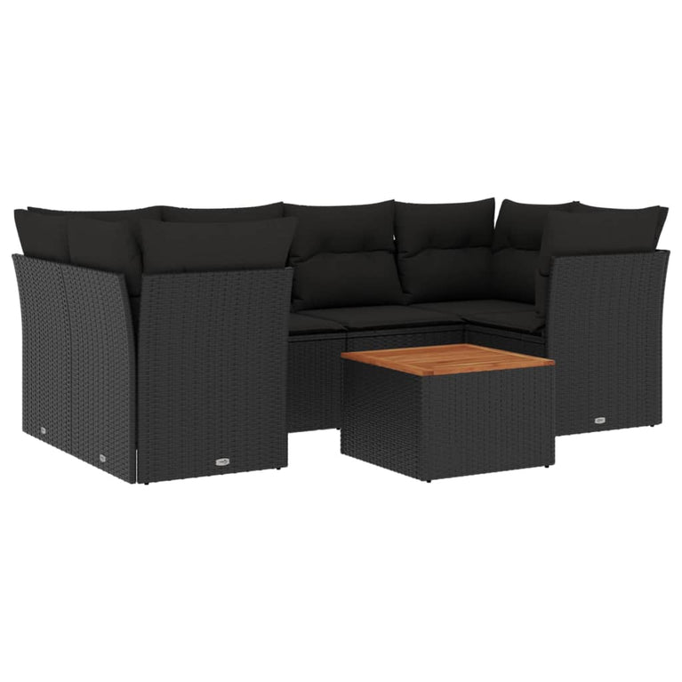 7-delige Loungeset met kussens poly rattan zwart