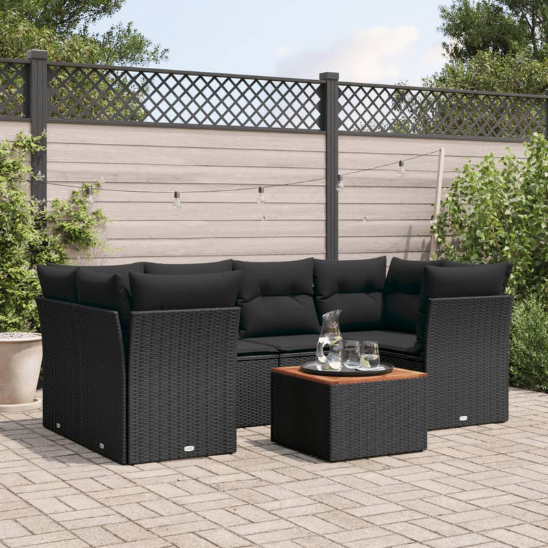 7-delige Loungeset met kussens poly rattan zwart