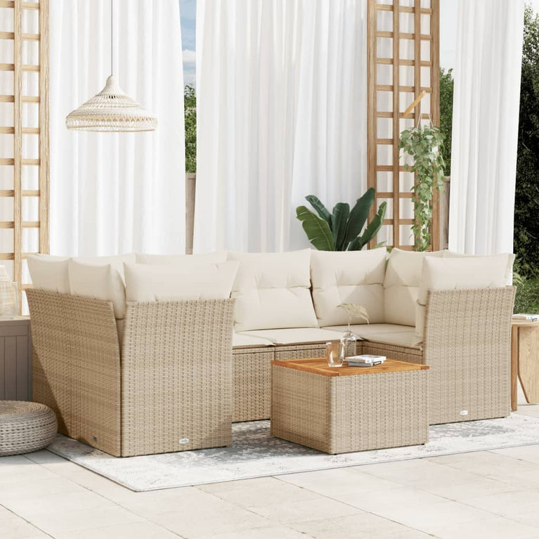 7-delige Loungeset met kussens poly rattan beige