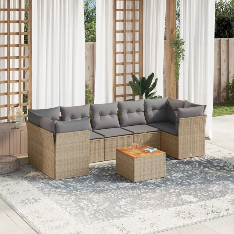 8-delige Loungeset met kussens poly rattan beige
