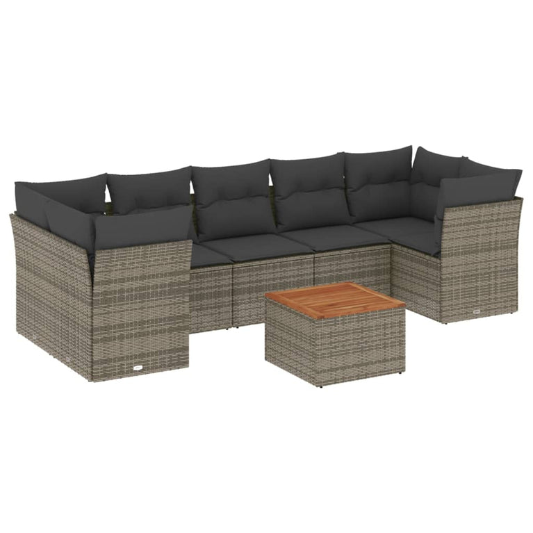 8-delige Loungeset met kussens poly rattan grijs