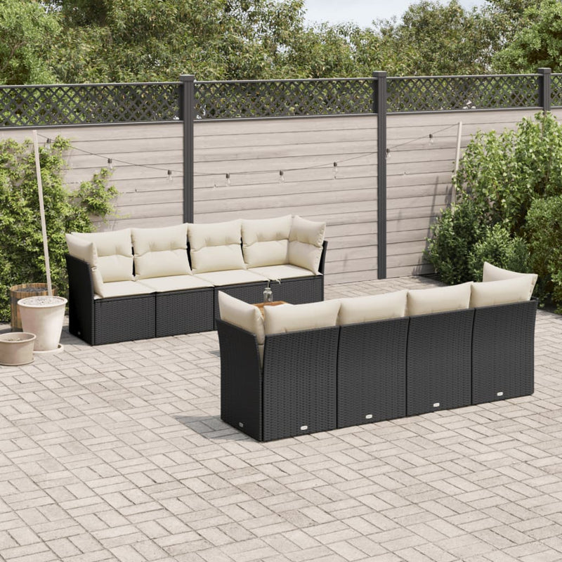 9-delige Loungeset met kussens poly rattan zwart