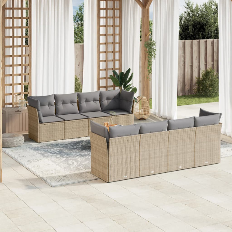 9-delige Loungeset met kussens poly rattan beige