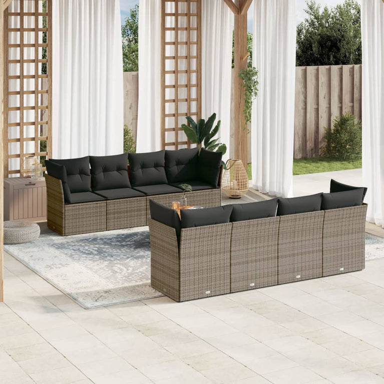 9-delige Loungeset met kussens poly rattan grijs