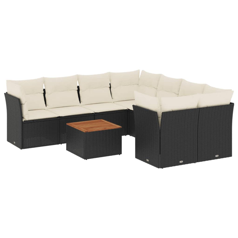 9-delige Loungeset met kussens poly rattan zwart