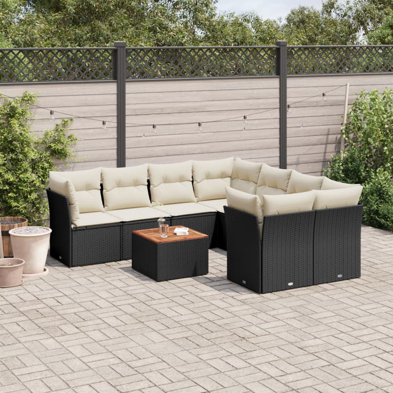 9-delige Loungeset met kussens poly rattan zwart