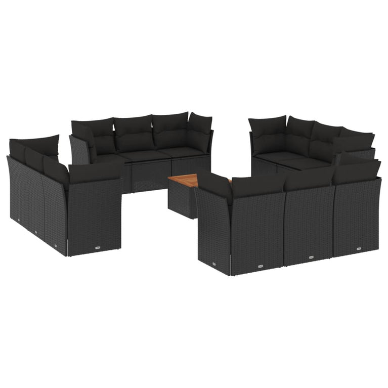 13-delige Loungeset met kussens poly rattan zwart