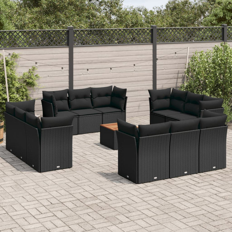 13-delige Loungeset met kussens poly rattan zwart