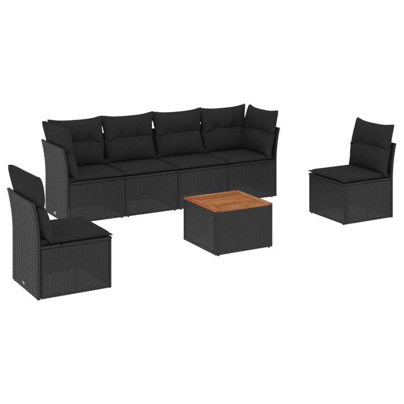 7-delige Loungeset met kussens poly rattan zwart
