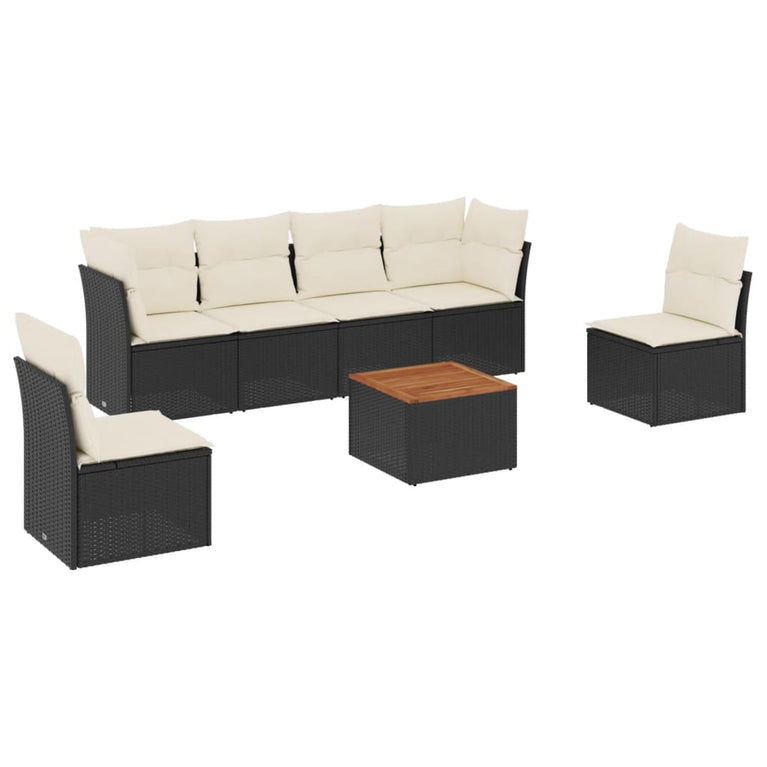 7-delige Loungeset met kussens poly rattan zwart