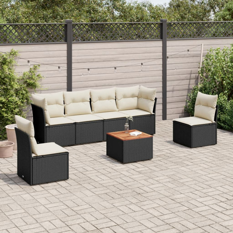 7-delige Loungeset met kussens poly rattan zwart
