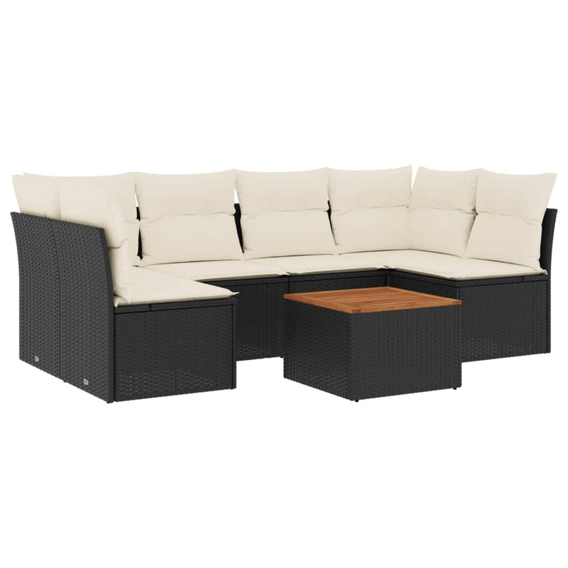 7-delige Loungeset met kussens poly rattan zwart