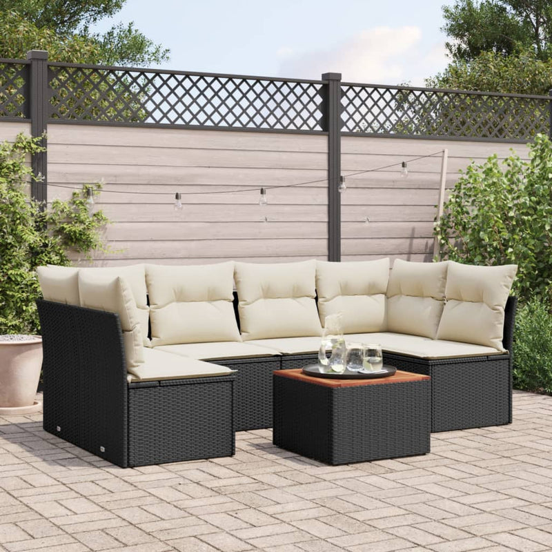 7-delige Loungeset met kussens poly rattan zwart