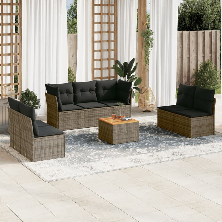 8-delige Loungeset met kussens poly rattan grijs