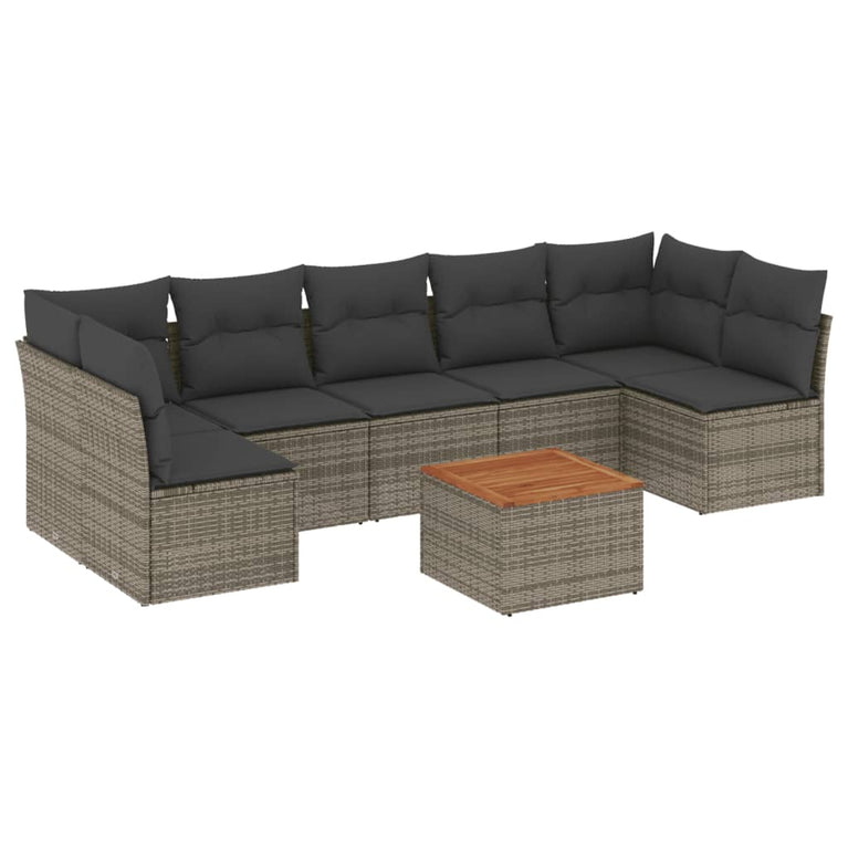 8-delige Loungeset met kussens poly rattan grijs